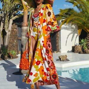 Celia B Titanite Kaftan Button Down Floral Quarter Sleeve Colorful Maxi Dress XS